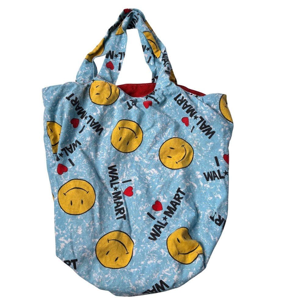 Walmart‎ Smiley Face Blue Novelty Reusable Mini Tote Bag I Heart Walmart Fabric